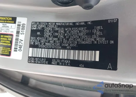 2007 Toyota Sienna Xle из США, поврежденный, VIN 5TDZK22C97S013244